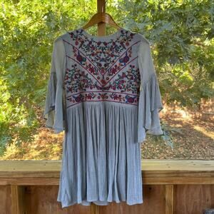 Umgee Grey Embroidered Pleated Mini Dress Size S